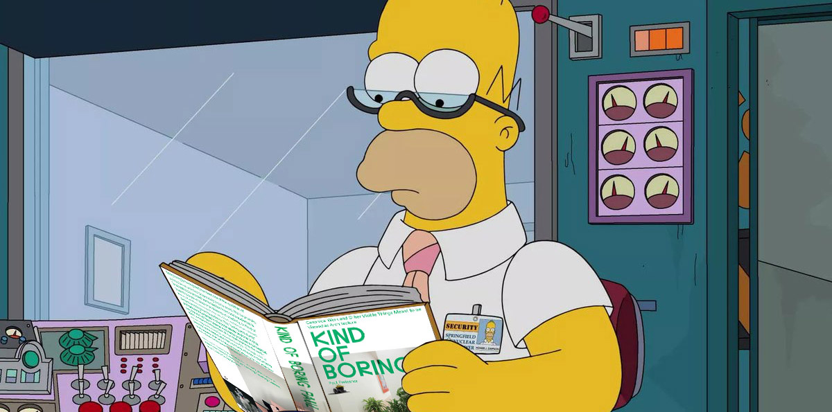 A collaged image of Homer Simpson reading Kind of Boring